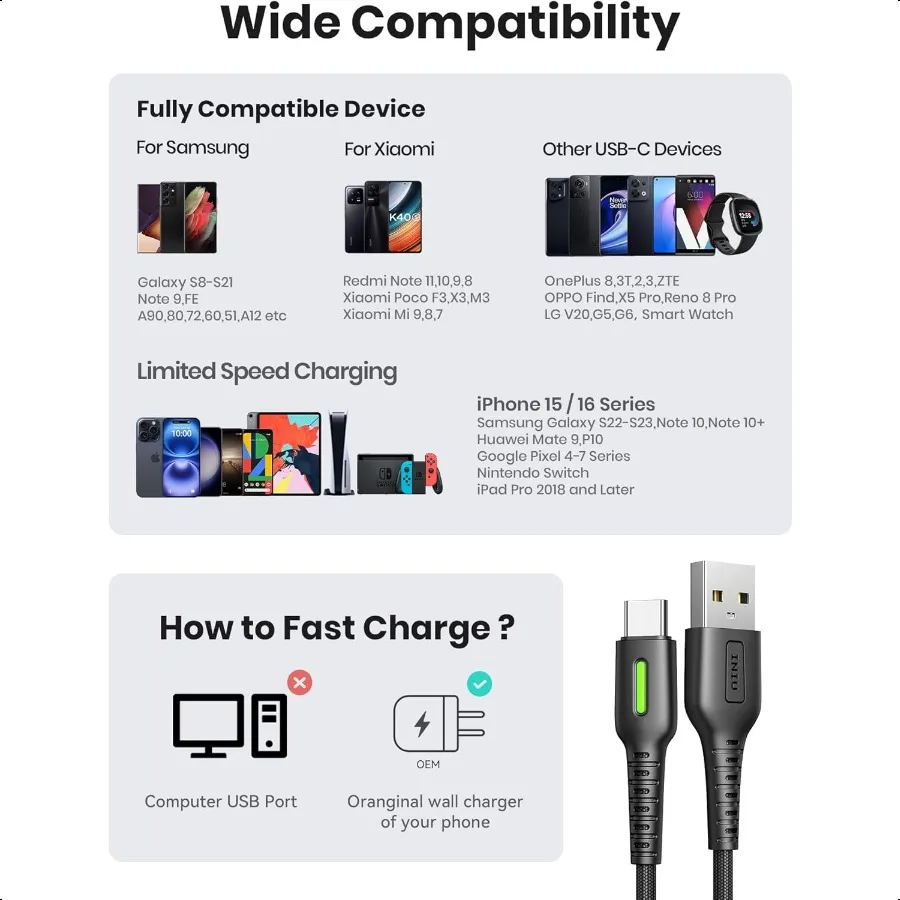 كابل USB C 5 عبوات [1.6 3.3 6.6 قدم] 3.1A شحن سريع من النوع C سلك نايلون مضفر USB A إلى كابل شاحن هاتف USBC لهاتف iPhone 16