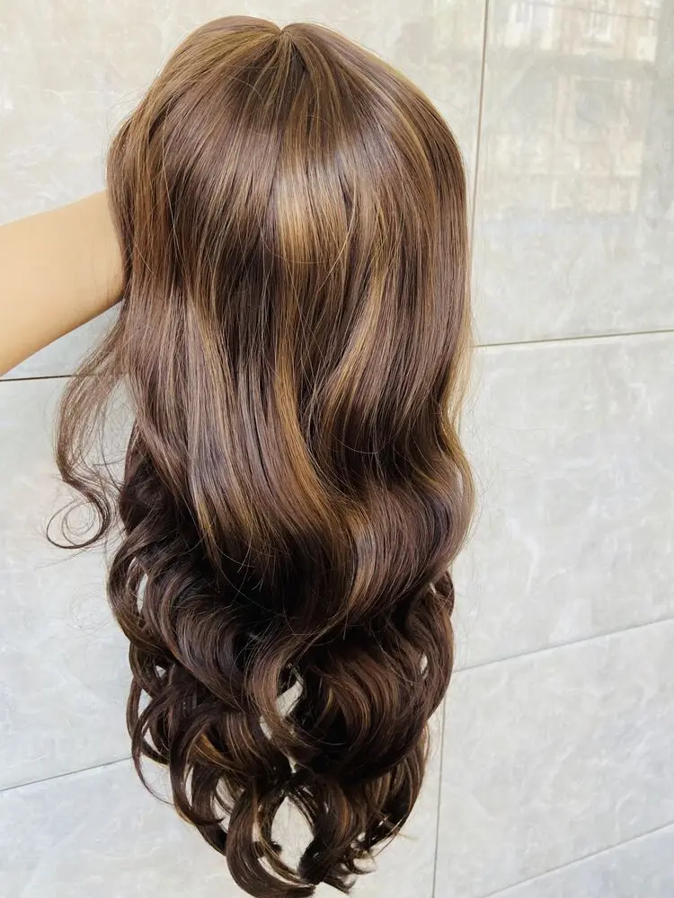 Real Photo Long Body Wavy Synthetic Hair Wigs Brown Mix Women Natural Fashion