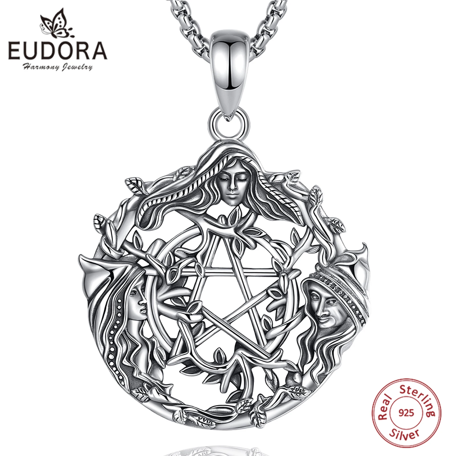 

Eudora стерлингового серебра 925 пробы тройная лунная богиня пентаграмма кулон Викка языческий амулет ожерелье духовные украшения для женщин мужчин подарок