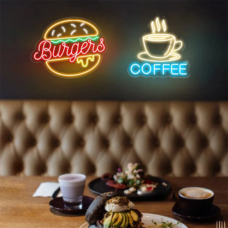 Custom Your Restaurant LED Neon Sign Burger Hamburger Pizza Ice Cream Light  Fast Food Coffee Shop Milkshake Bar Home Wall Decor