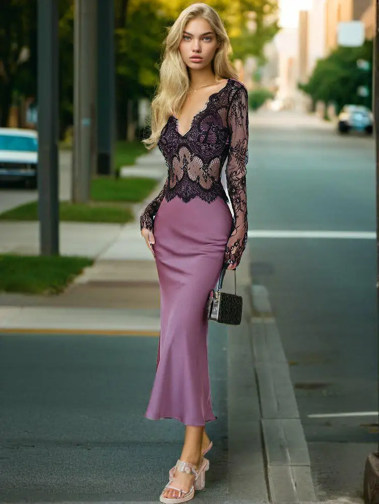 Purple Sexy V-Neck Patchwork Women Party Dresses With Lace Summer 2024 Elegant Fashion Sleeveless Slim Satin Evening Dress