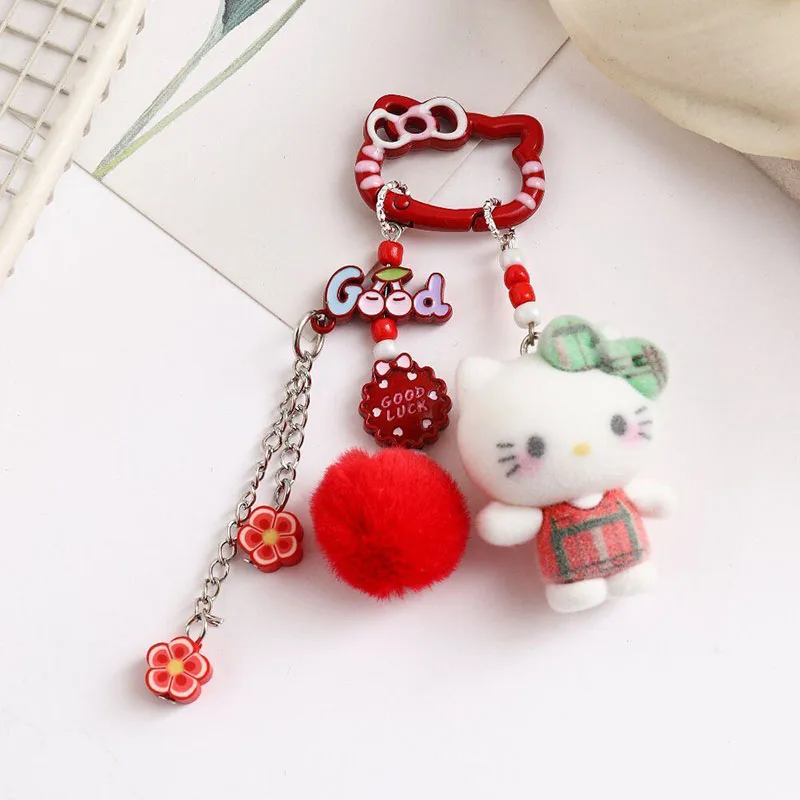 Official Sanrio Hello Kitty Plush Keychain Cute Cartoon Doll Bag Charm Pendant with Bow Pom Pom for Girls Fans Birthday Gift view 5