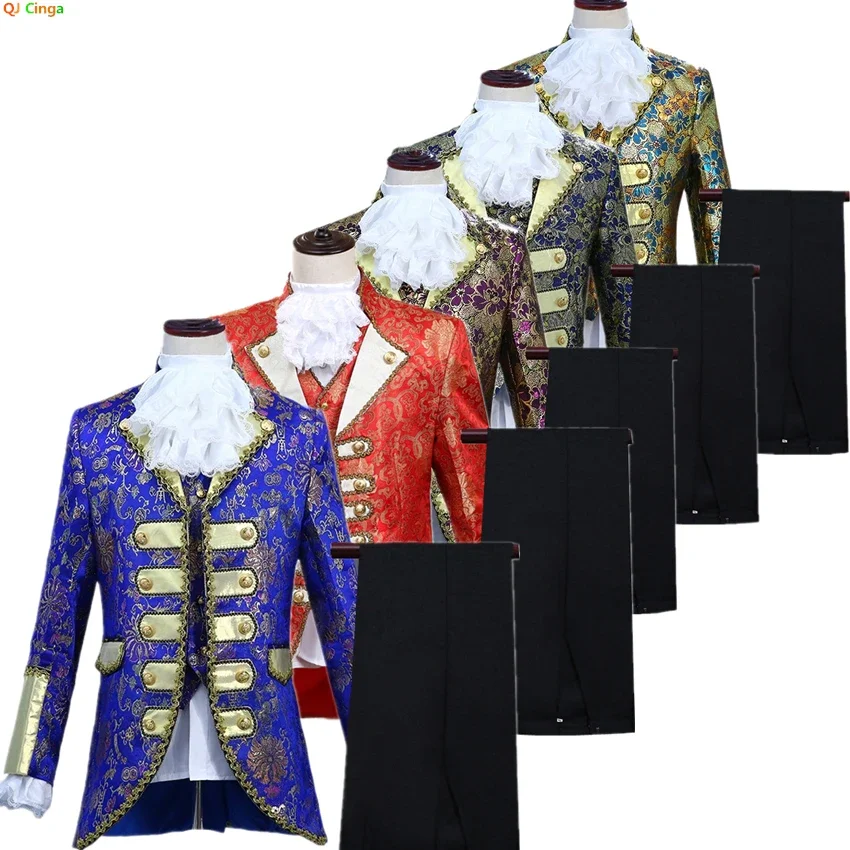 European Double-breasted Vintage Men's Dress Three-piece , Blue,Red, Purple Men Sets, Opera, Stage Performance Costumes,XL