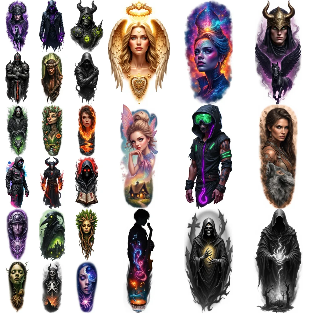 

9pcs Temporary Tattoo Dark Mage With Horse Realistic Temporary Tattoos Fantasy Warrior Colorful Realism For Shoulders Back