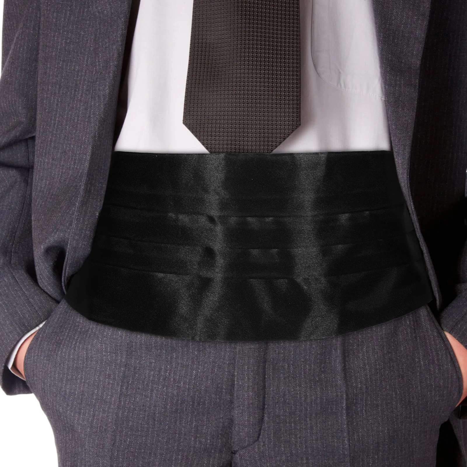 الساتان الأسود قابل للتعديل Cummerbund ربطة القوس فيونكة مسبقة الجيب مربع مجموعة للحفلات الرسمية حفلات الزفاف الساتان Cummerbund