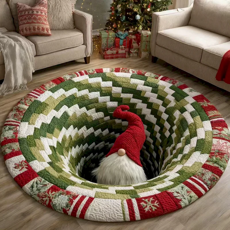 VIKAMA Christmas 3D Illusion Vortex Round Rug 2D Flat Printed Optical Illusion Carpet Non‑Slip Xmas Halloween HomeIndoor Decor