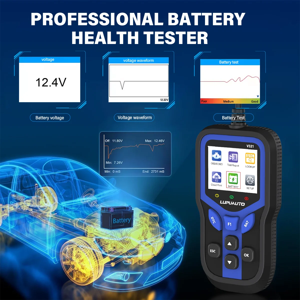 V321 obd2 يده رمز القارئ obd خطأ سيارة أداة تشخيص البطارية الصحة تستر محرك خطأ رمز الماسح الضوئي
