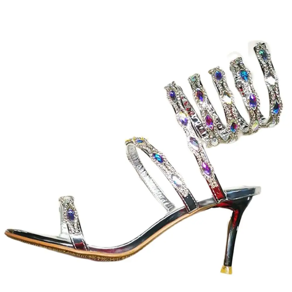 Silver Crystal Strappy Heels Sandals Women Summer Shiny Puttee High Sandals Sexy Women Party Cross Strap Open Toe Wedding Shoes