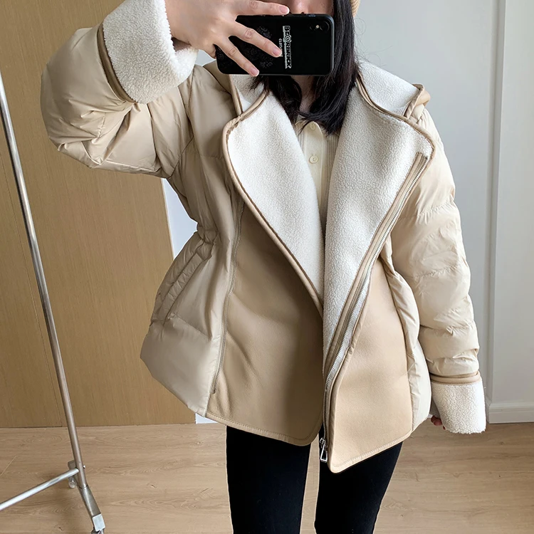 Schinteon Women Lambswool White Duck Down Jacket with Hood Autumn Winter Warm Outwear Casual Patchwork Coat European Style