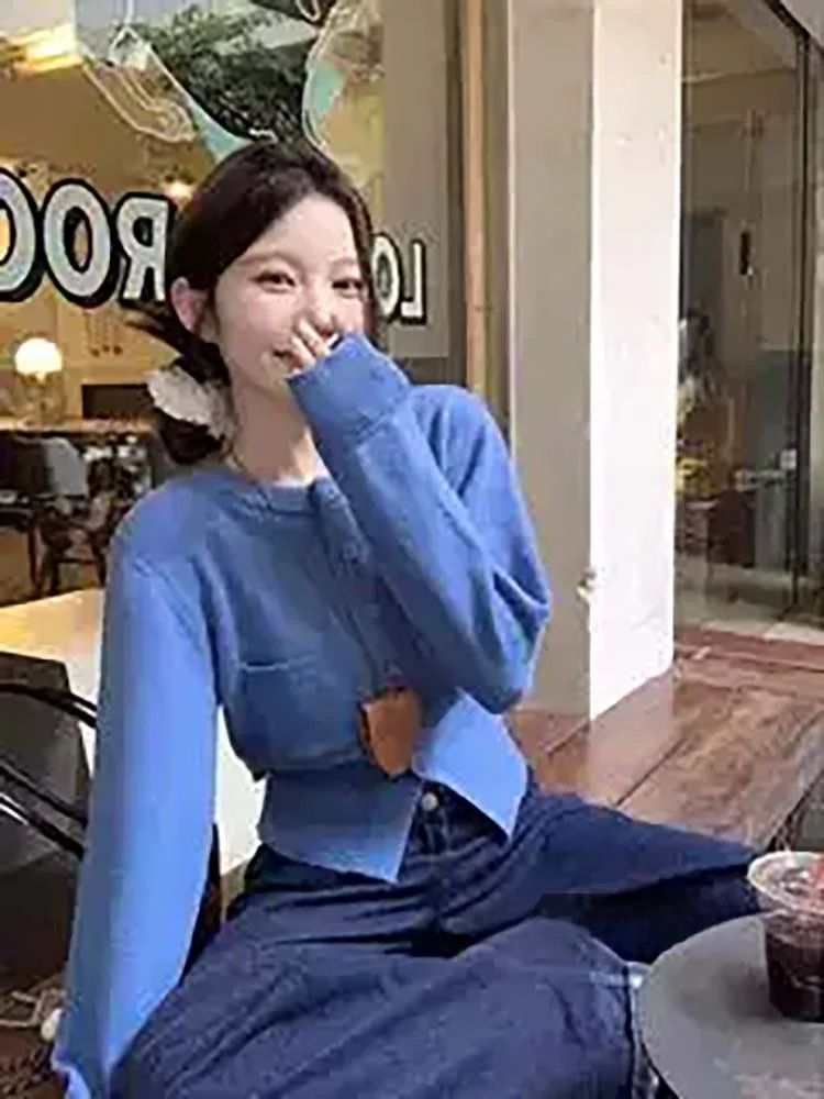 

Blue Knitted ort Sve Sweater Coat Women's Sle Korean Design round Ne Waist-Cinching Belted Outerwear Commute Faion