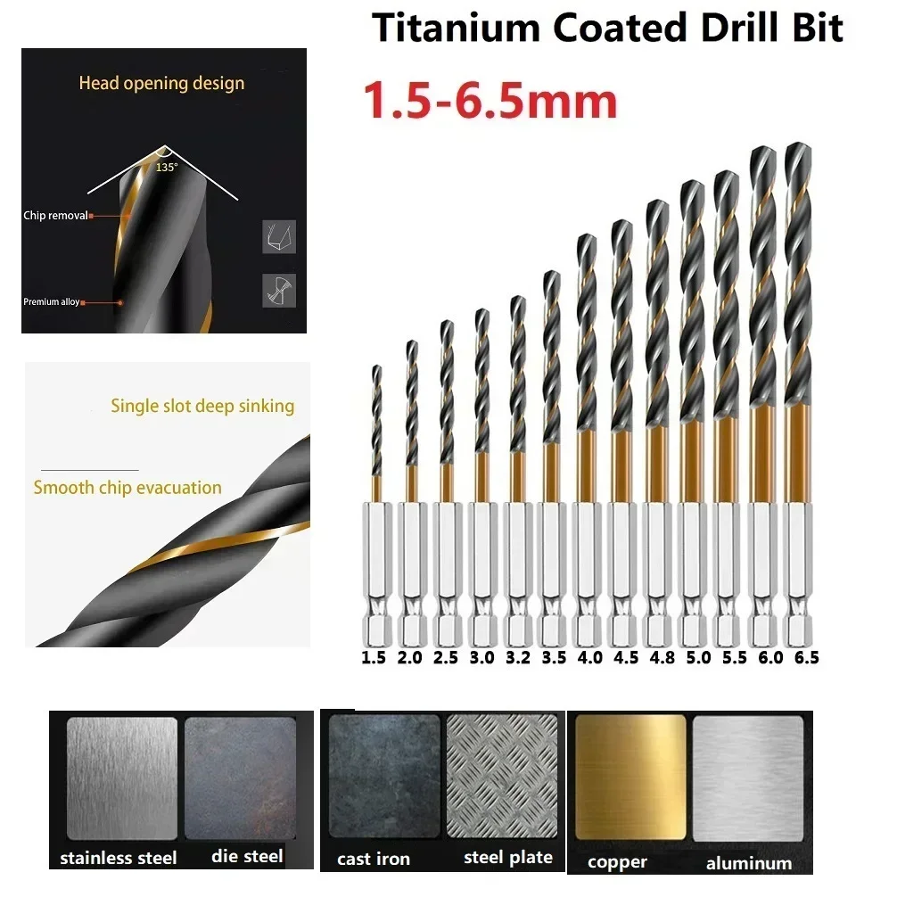 1PC HSS High Speed Steel Titanium Coated Drill Bit Set 1/4 Hex Shank 1.5-6.5mm Electric Drill Bit Power Tools Accessory