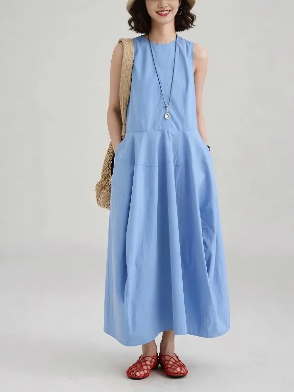 

Blue Large Size Summer Casual High Waist round Neck Long Skirt Artistic Style Sanya Beachside Dress Comfortable Loose Fit