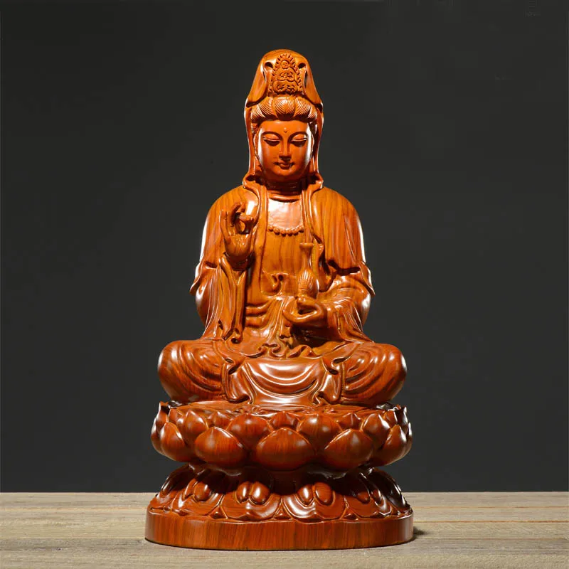 GOOD buddha--HOME Spiritual Bless family # Handmade Yellow pear wood carving Guanyin Buddha statue-15CM TALL