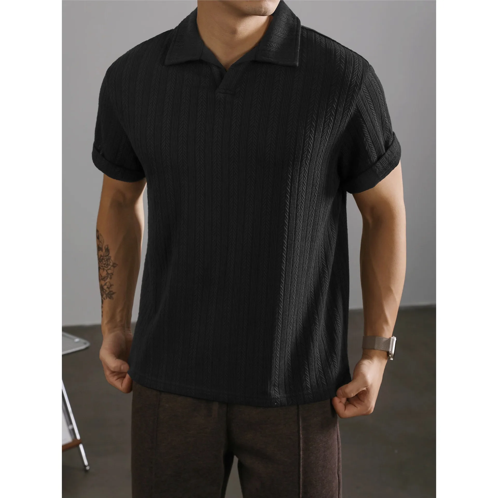 Summer Wheat Texture V-Neck Ice Silk Breathable Slim Short Sleeve Knit Polo Shirt Men's Business Casual Top