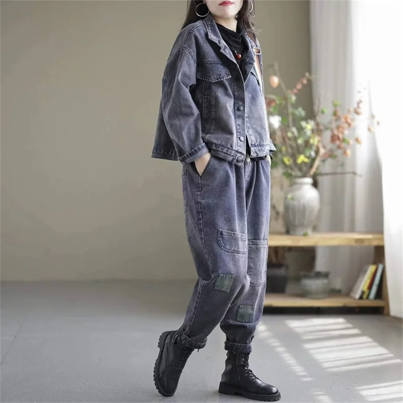 Autumn Wear Set Advanced New Loose Spring Show Thin Rich Woman Denim Jacket Set Women\'s Jeans Two Piece Set Female Streetwear