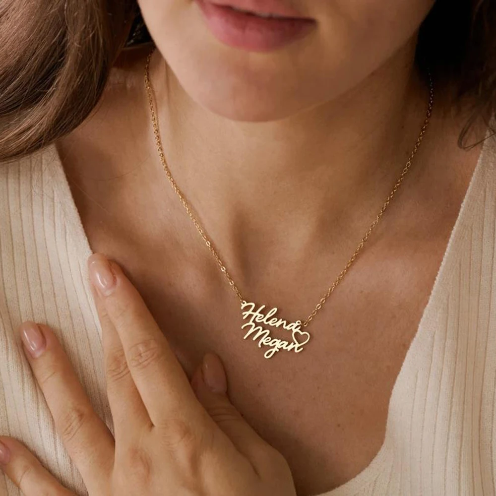 Kalung nama ganda yang dipersonalisasi dengan bentuk hati, Kalung nama yang disesuaikan, Kalung pasangan, Kalung ibu