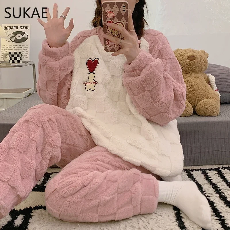 SUKAE HQ Chinese Thick Velvet Winter Women Thermal Pajamas Set Long Sleeves Pijamas Pink Bear Preppy Sleepwear Korean Pyjamas