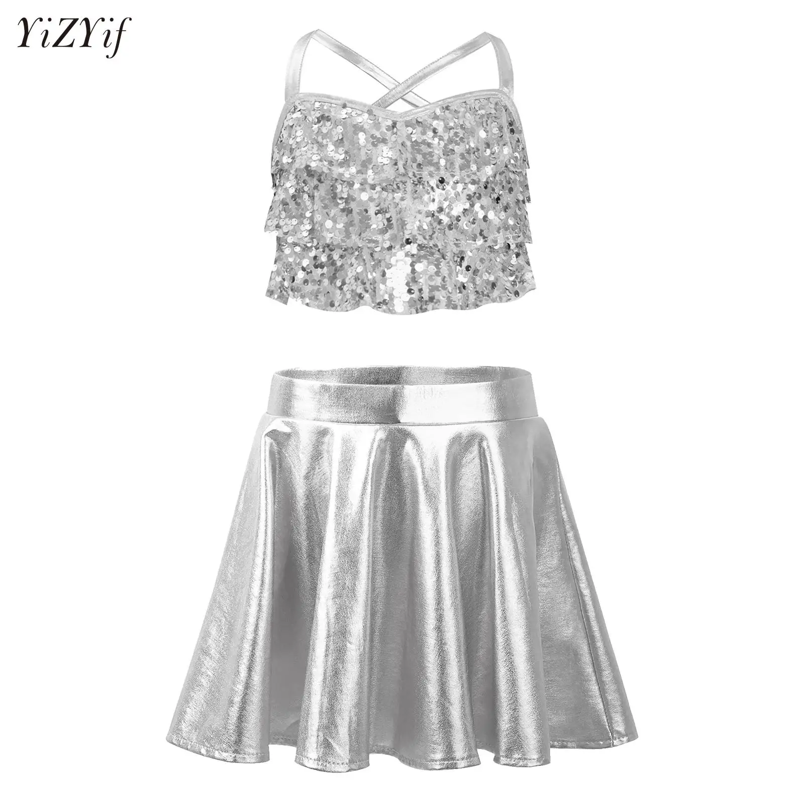 ชุดเต้นรำแจ๊สละตินสำหรับเด็กผู้หญิง 2 ชิ้น ประดับเลื่อม ชุดเสื้อครอปเมทัลลิกพร้อมกระโปรงจีบ ชุดแสดงบัลเลต์และบอลรูม