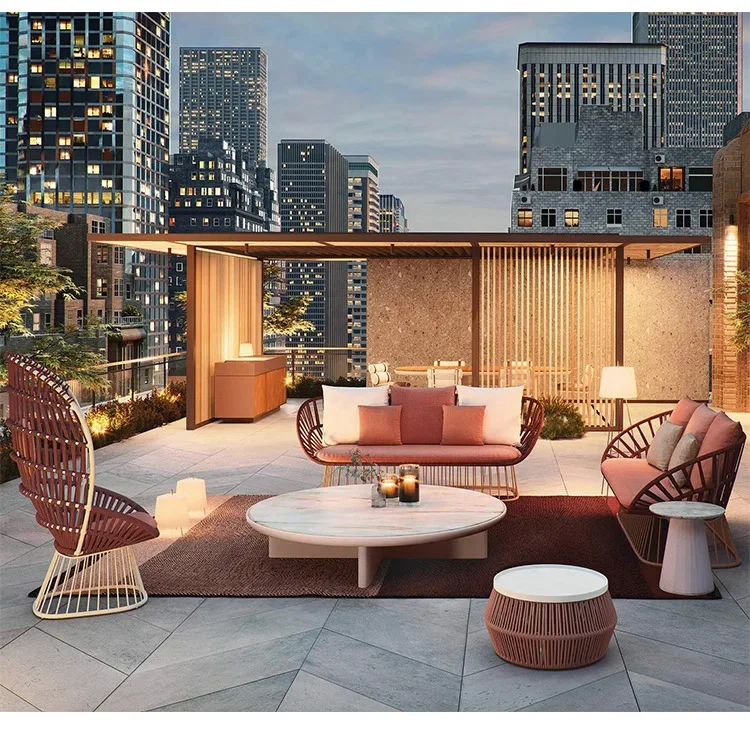 Sofá nórdico de arte em rattan, pátio ao ar livre, villa, lazer, rattan, reclinável, protetor solar à prova d'água, hotel, combinação de móveis para casa de família