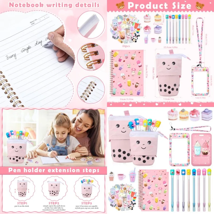 

216 Pcs Kawaii Stationery Gift Set for Girls Teens Telescopic Bubble Tea Pencil Case Pens Notebook Bubble Tea Stickers Badge La