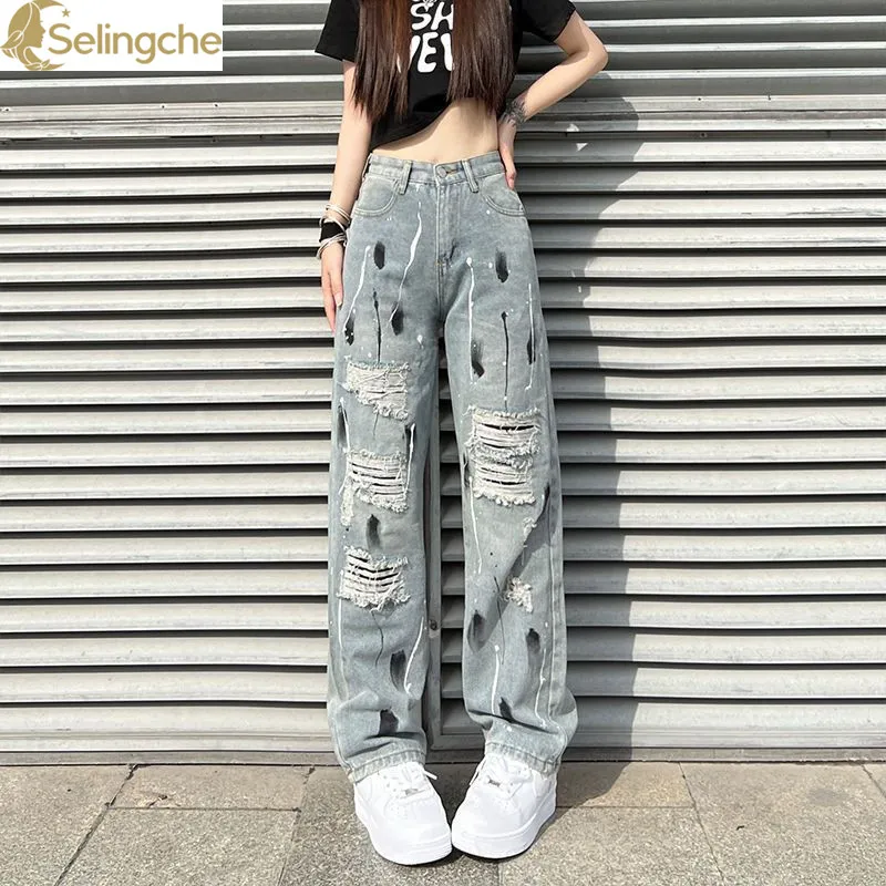 Splashing Ink Ripped Denim Pants with High Street Vibe and Trendy Design High Waist Slimming Loose Straight Leg Wide Leg Pants