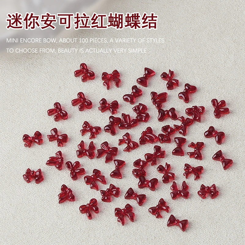 100PCS 3D Clear Red Bow Nail Art Decoration Charms Accessories Sample Bowknot Parts For Manicure Decor Nails Art Design Supplies