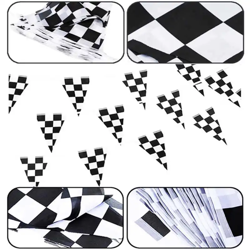 38PCS Auto Race Pennant Banners 14x21cm Triangle Black White Chequered Flags with Hang String for Car Sport Decoration