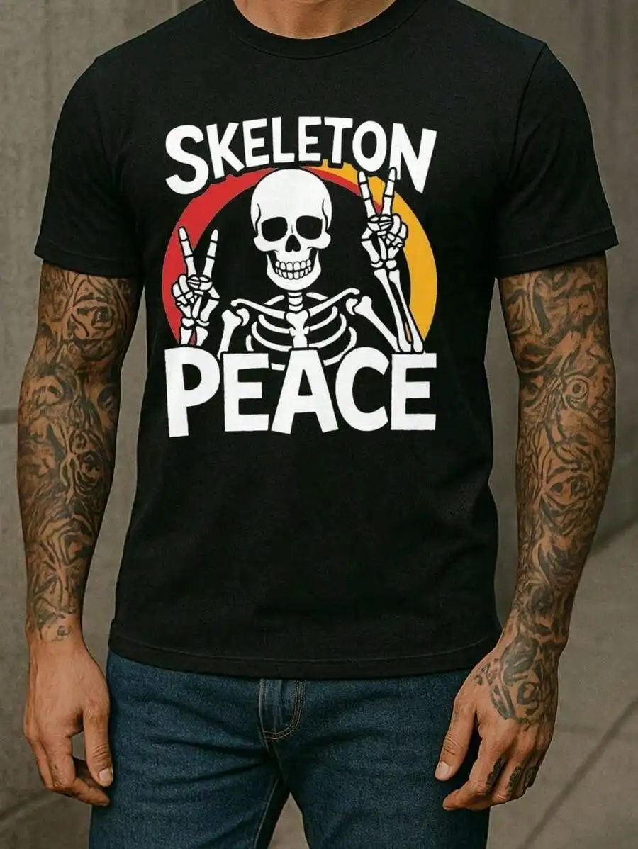 Men's Skeleton Peace Graphic Tee Cotton Shirt