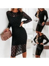 Women's S-XL size new sexy slim fit bag buttocks temperament long sleeved lace dress maxi dresses for women