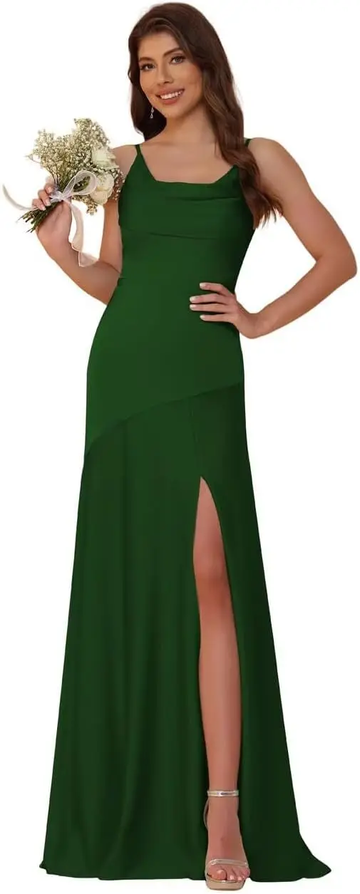 

Long Denim Collar Bridesmaid Dress Satin Thin Shoulder Straps, Elegant Split Ball Dress Women's Formal Evening Dress Party Dress