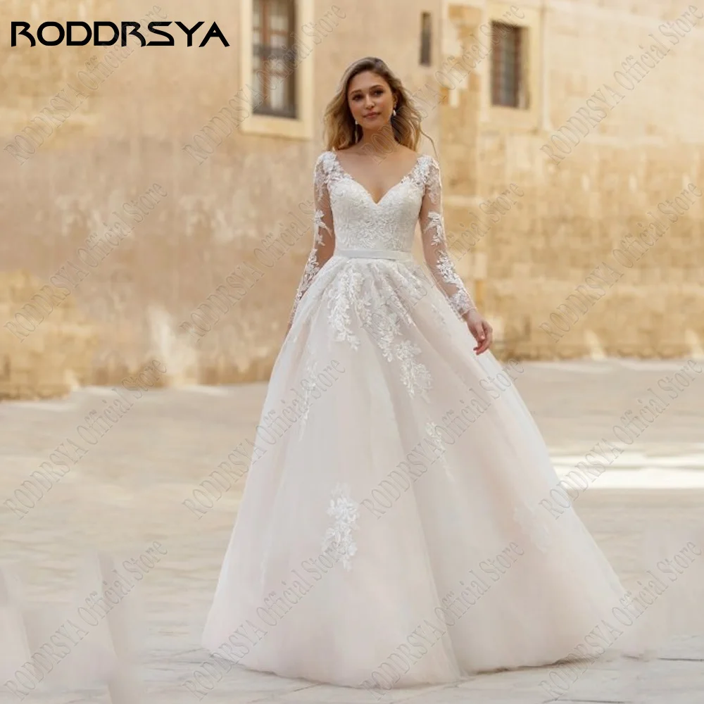 RODDRSY Elegant Wedding Dresses For Women 2023 Bride Backless Long Sleeves V-Neck Bride Gowns Applique A-Line vestido de noiva