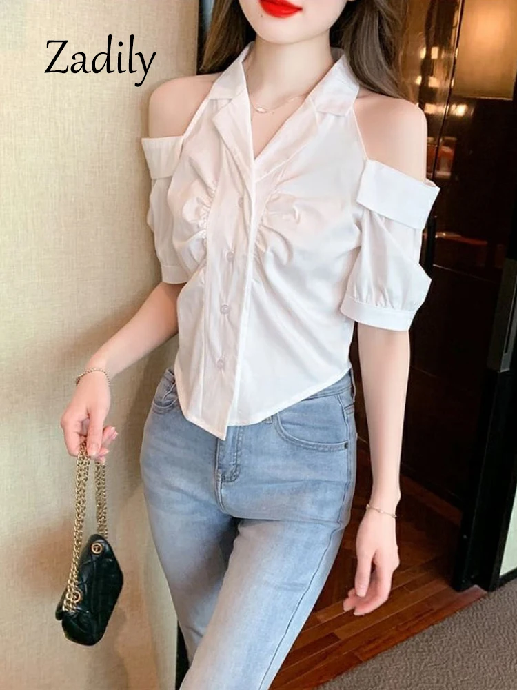 Zadily Causal Short Sleeve Women  Shirt 2023 Summer Korea Style Off Shoulder Button Up Elegant Woman Blouse Slim Clothing Tops