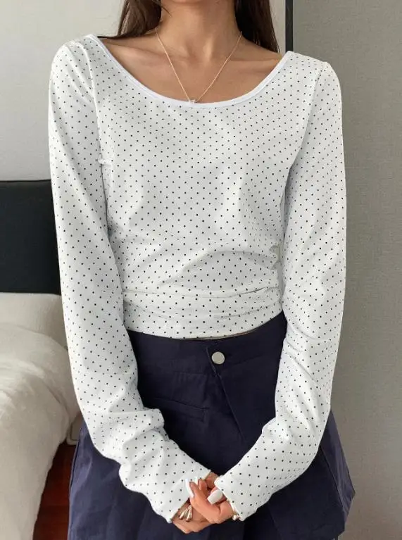 

Women's Top Spring/summer Classic Style Daily Casual Polka Dot Printed Round Neck Slim Fit Open Umbilical Long Sleeve T-Shirt
