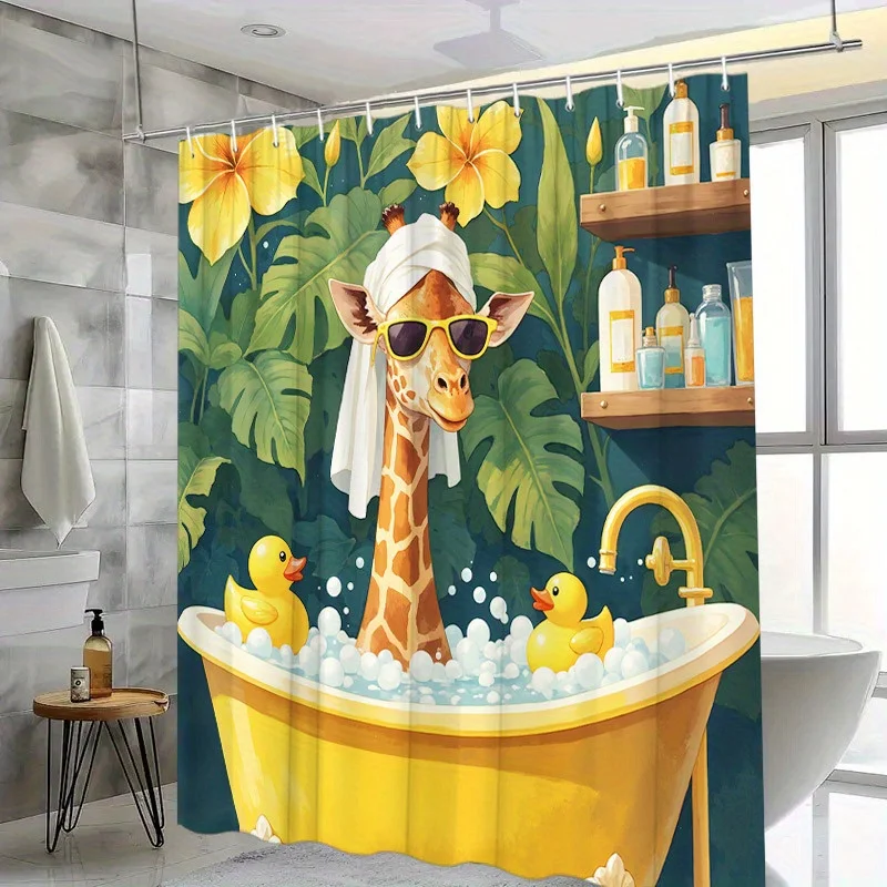 

Забавный жираф в ванной с резиновыми уточками, занавеска для душа в стиле тропического джунглей, мультяшный декор для спа с изображением животных, с крючками, простая установка.