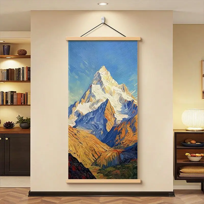 Wall Decor – Impressionist Mountain & Meadow Scroll Art, Abstract Oil Texture Landscape for Entryway, Corridor & Living Room