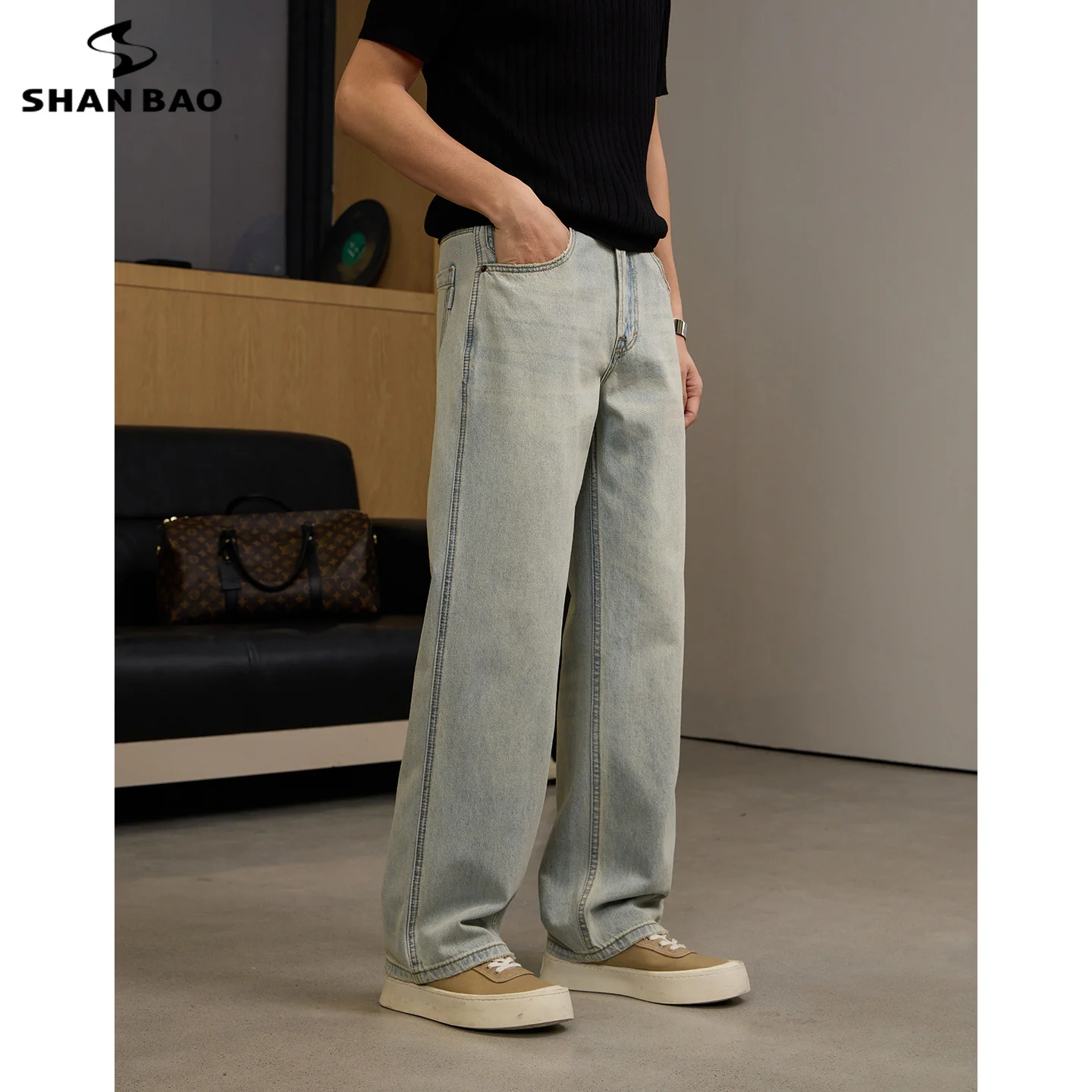 

SHAN BAO 2026 Summer Brand High Street Baggy Men's Straight Loose Lightweight Lyocell Jeans American Retro Thin Blue Pants