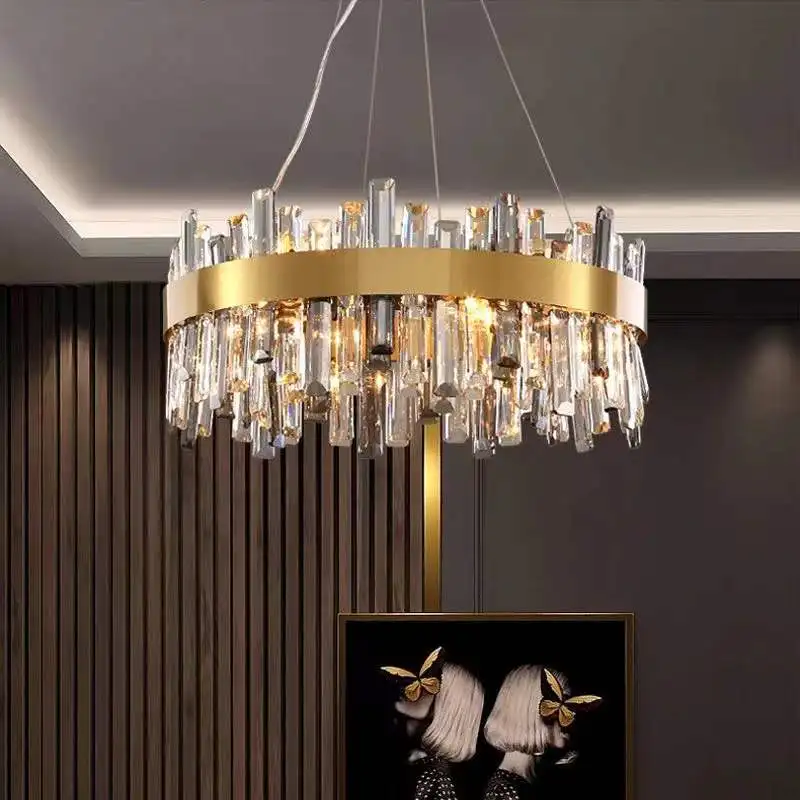 

Golden Round Oval LED Crystal Chandelier Modern Light Luxury Villa Living Room Lamp Bedroom Pendant Lamps Creative Bar Fixtures