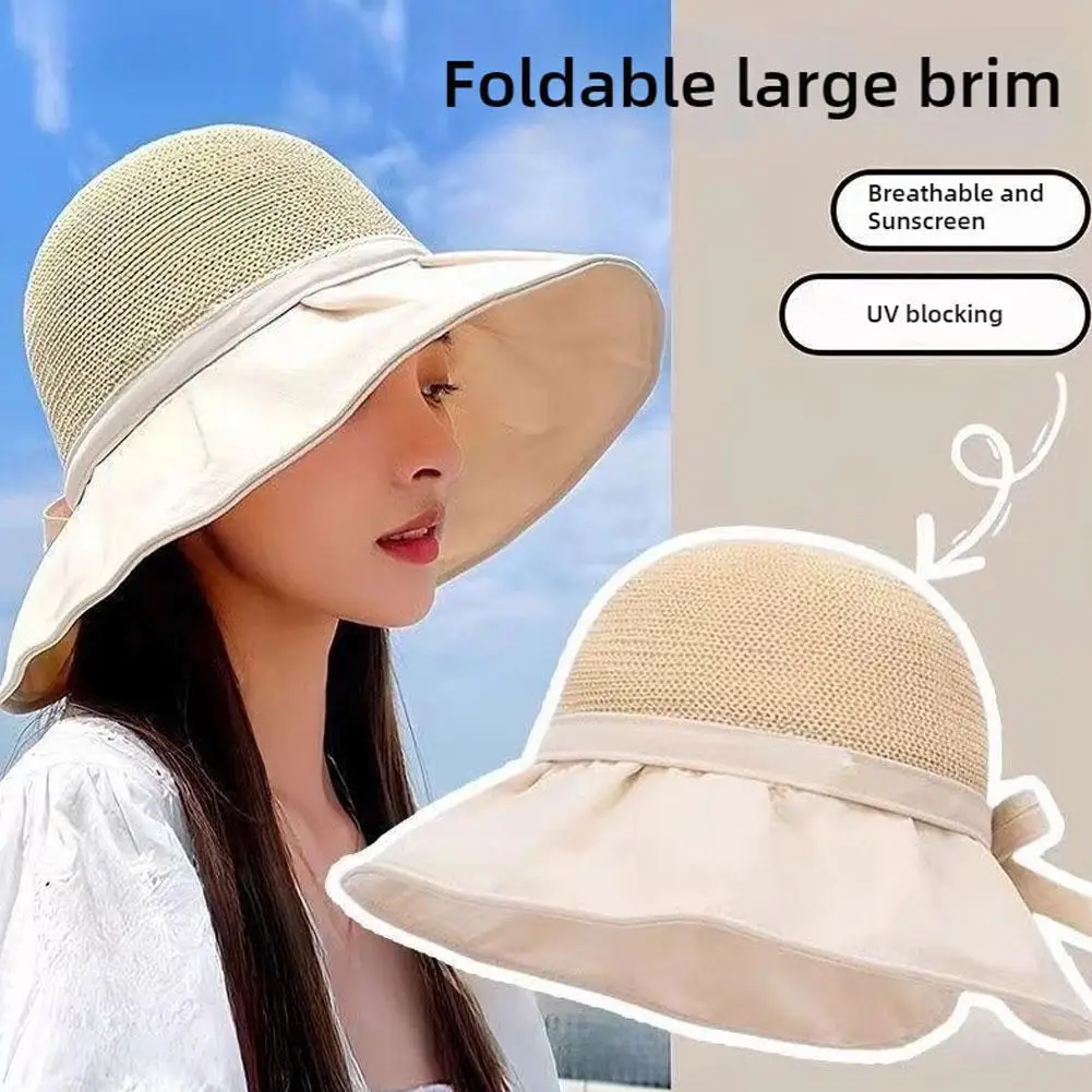 Sun Protection Bucket Hat UV Protection Big Wide Brim Beach Sun Hats Empty Top Caps Ponytail Caps Bows Ladies Girls Panama Caps