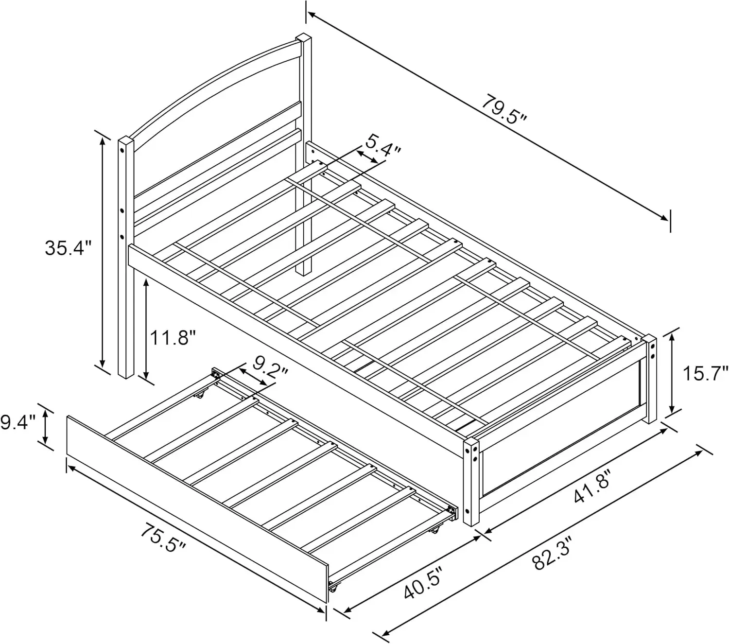 Trundle Bed Twin, Solid Wood Frames with Headboard and Wooden Slats Support, Twin Trundle Frame Roll Out, Single Box Bed