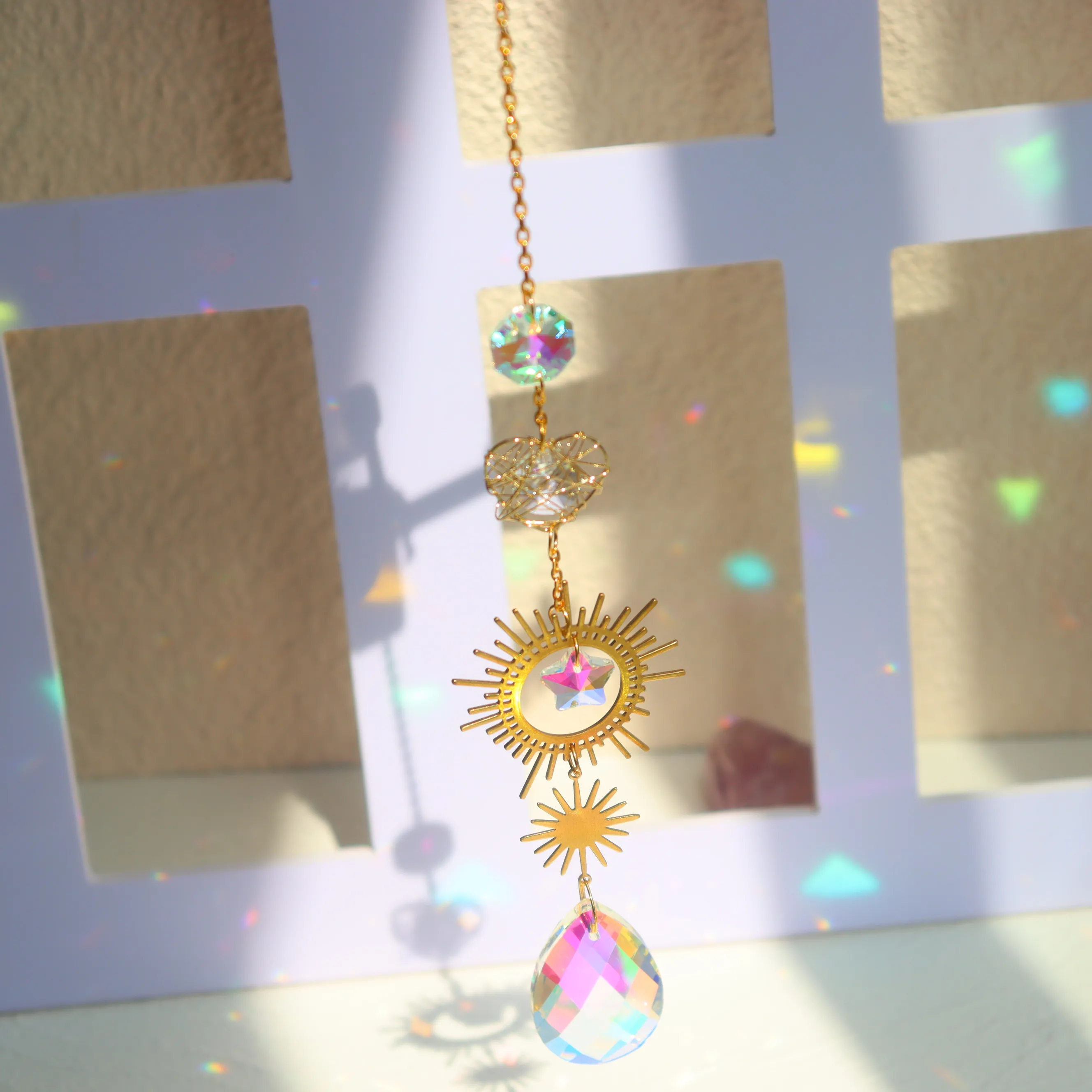 Star Moon Pendant Suncatcher Crystal Geometric Wind Chime Sun Catcher Colorful Beads Hanging Drop Outdoor Indoor Garden Decor