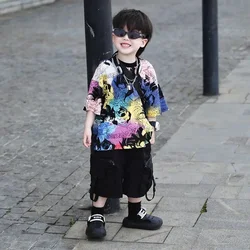 Little Boys Fashion Sets Casual Clothes Korean Children Outfit Cartoon Full Print Round Neck Top and Black Pocket Shorts