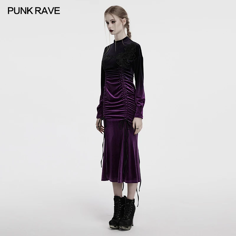PUNK RAVE Women's Goth Velvet Gradient Design Adds Layers Dress Fishtail Hem Elegance Aesthetics Adjustable Pleats Long Dresses