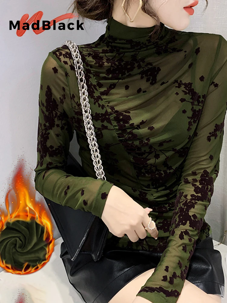 

MadBlack-Women European Fleece T-Shirt, Sexy Turtleneck Print, Fashion Long Sleeve Slim S-3XL Flocking Tee, 2025 Winter T5N903CC