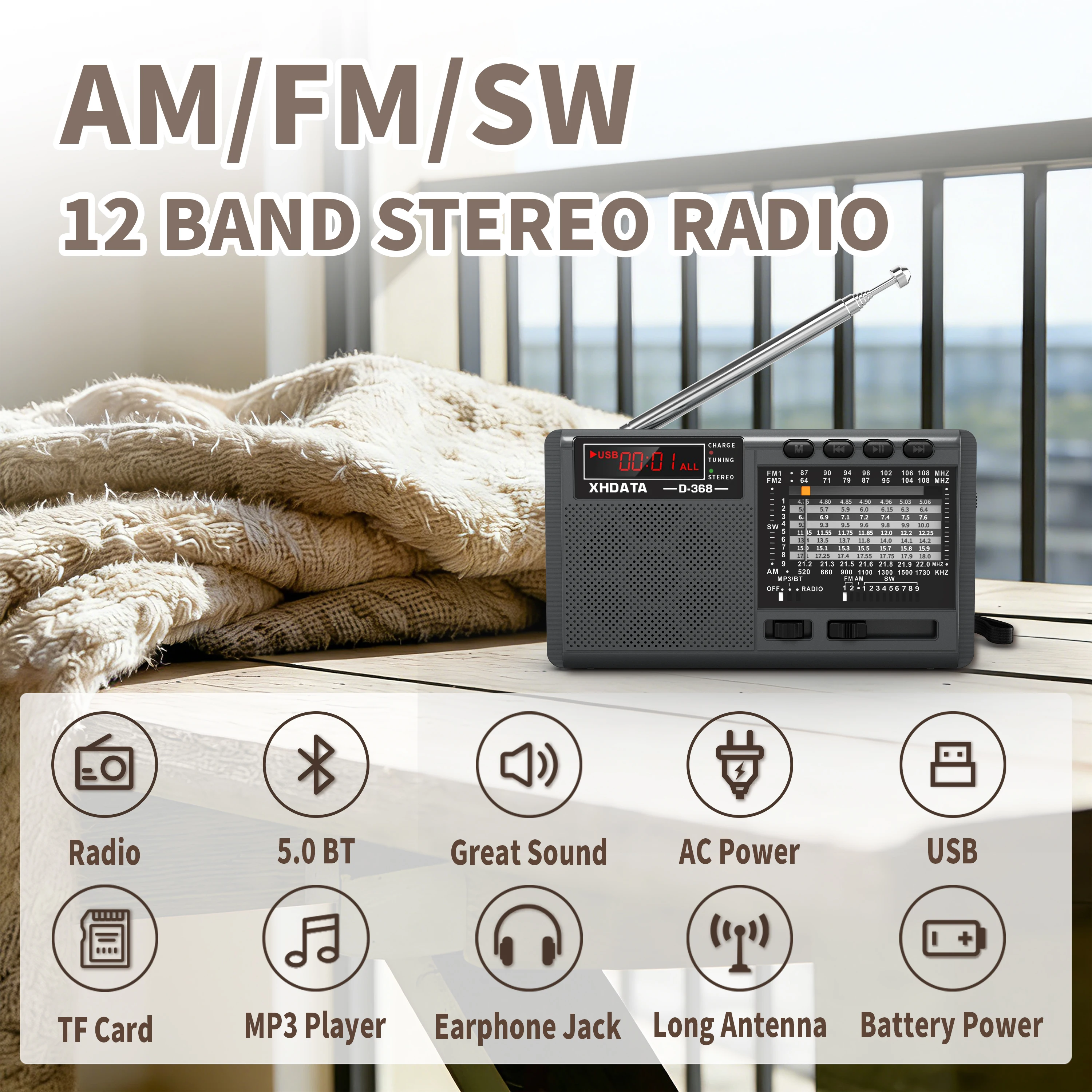 XHDATA D368 DSP AM FM Radio a onde corte Altoparlante Bluetooth Lettore MP3 con scheda TF Lettore USB Batteria ricaricabile Stereo portatile
