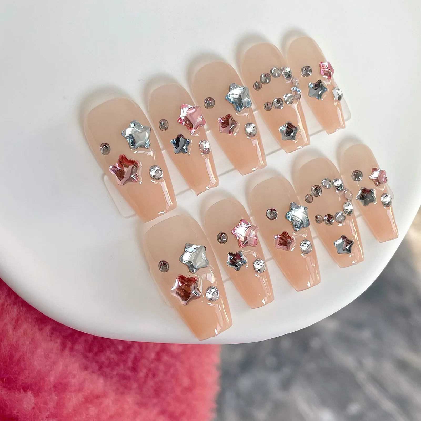 Glossy Coffin Nude Fake Nail Long Square Rhinestones Decor Resin Artificial Nail for Women and Girl Nail Salon at Home