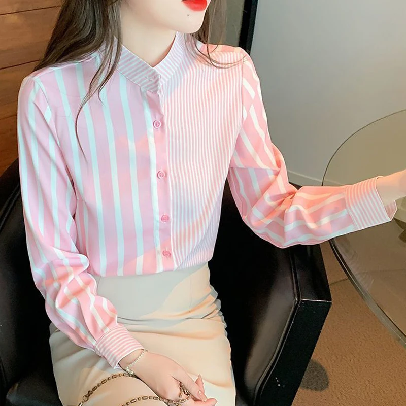 Women\'s Korean Fashion Pink Striped Button Up Shirt Spring Autumn Stand Collar Blouse Sweet Chic Tops Long Sleeve Blusas Mujer