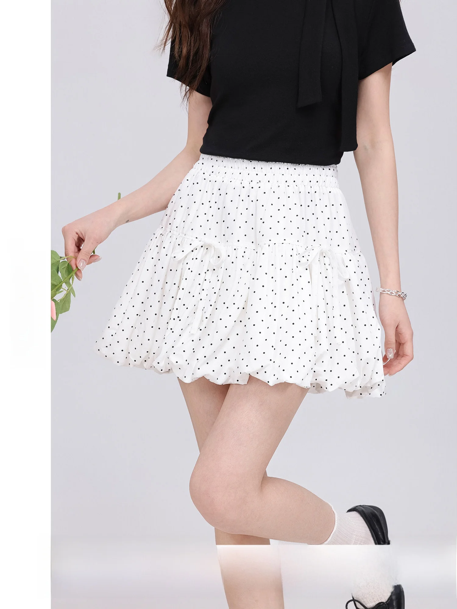 

Юбка А-силуэта с высокой талией, черная, в горошек, из шифона, с французским дизайном рукавов-фонариков, для повседневной носки, из полиэфирного волокна