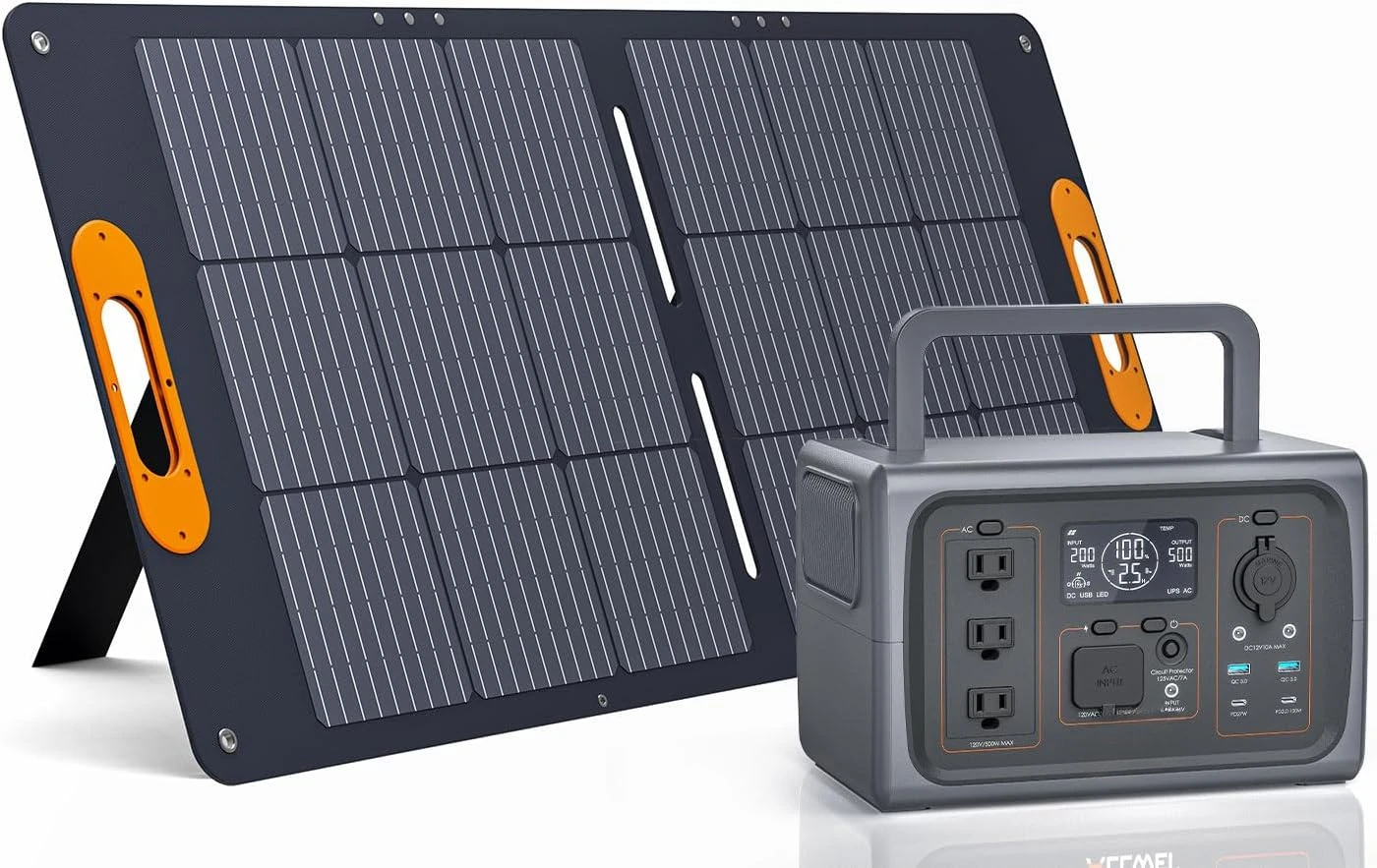 500W Solar Generator with 100W Solar Panel, 512Wh LiFePO4 Portable Power Station with 3 AC Outlets(1000W Surge), Battery