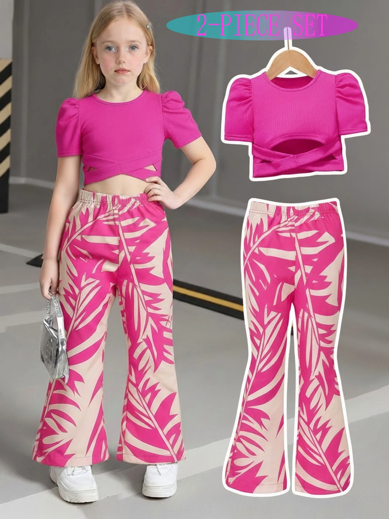 Girls 2 Piece Hot Pink Outfit Puff Sleeve Crisscross Crop Top & Tropical Leaf Print Flare Pants Y2K Cute Summer Outfit