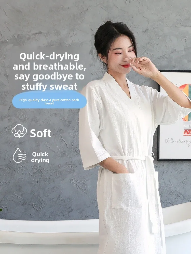

Халат из чистого хлопка для женщин, тонкий, быстросохнущий, для дома, весна-лето, в стиле кимоно, для пар, банный халат-полотенце